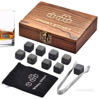 Подарочный набор камни для виски 9шт Деревянная коробка Мешочек для кубиков Щипцы для льда