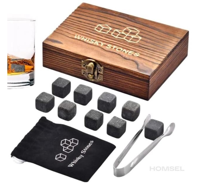 Подарунковий набір каміння для віскі 9шт Дерев'яна коробка Мішечок для кубиків Щипці для льоду