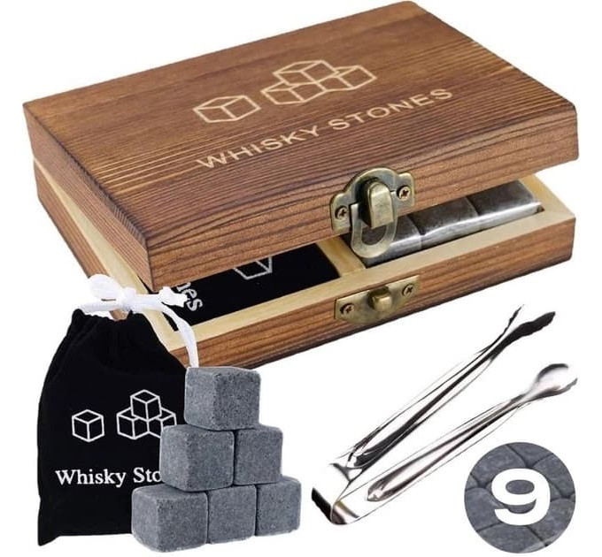 Подарунковий набір каміння для віскі 9шт Дерев'яна коробка Мішечок для кубиків Щипці для льоду
