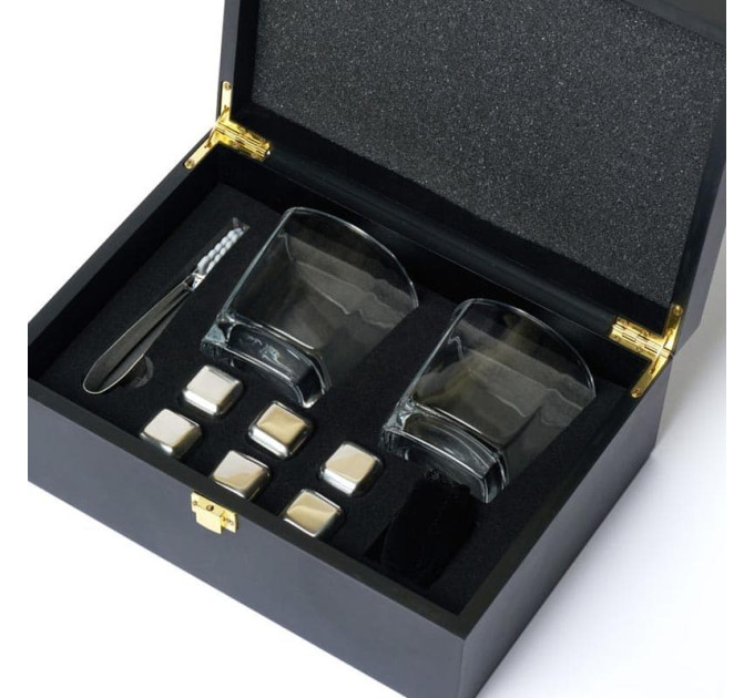 Набор для виски (2 стакана, 6 кубиков для виски, 1 щипцы) в деревянной коробке