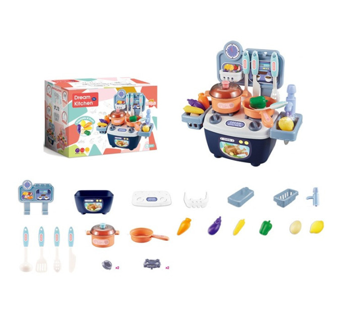 Детская игрушечная Кухня 777-3 плита, льется вода, посуда, продукты, 14 деталей
