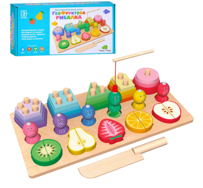 Дерев'яна іграшка багатофункціональна дошка "Гео-Фруктова Риболовля" MD 0856 геометрика, фрукти