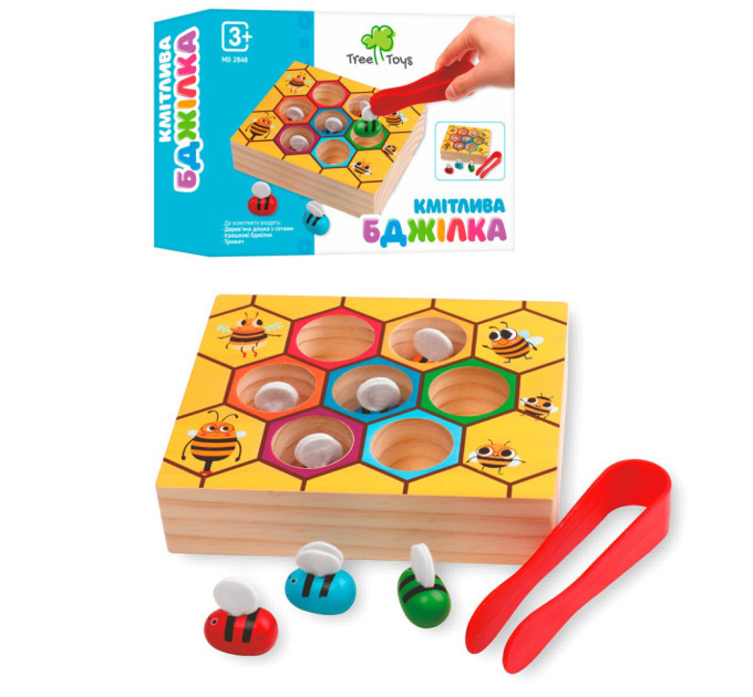 Деревянная игрушка "Сообразительная Пчелка" MD 2848 игровое поле/соты, щипцы и 7 пчелок