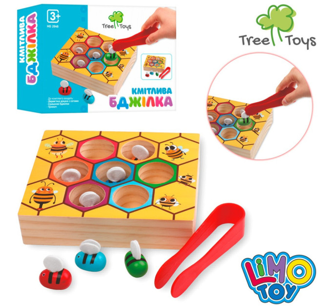 Деревянная игрушка "Сообразительная Пчелка" MD 2848 игровое поле/соты, щипцы и 7 пчелок