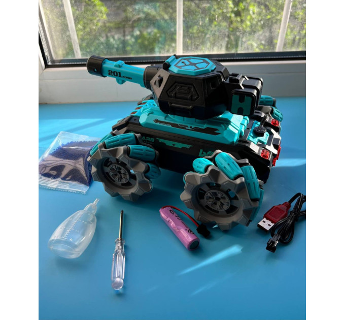 Танк на радиоуправлении KT907A(Turquoise) стреляет гелем, звук, свет