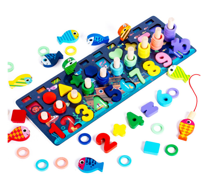 Деревянная игрушка Центр развивающий MD 2772 в наборе цифры, рыбалка, кольца