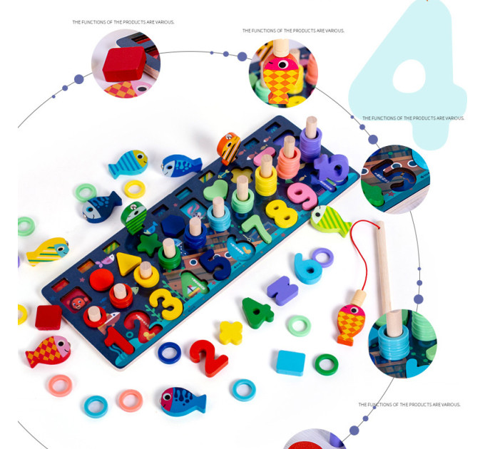 Деревянная игрушка Центр развивающий MD 2772 в наборе цифры, рыбалка, кольца