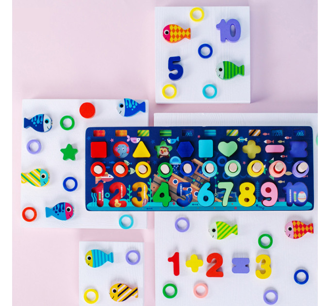 Деревянная игрушка Центр развивающий MD 2772 в наборе цифры, рыбалка, кольца