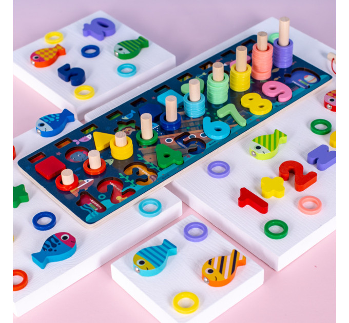 Деревянная игрушка Центр развивающий MD 2772 в наборе цифры, рыбалка, кольца