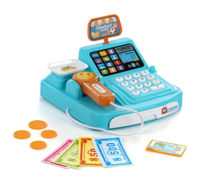 Игрушечный кассовый аппарат 777-21, на батарейках, сканер, деньги, свет, звук