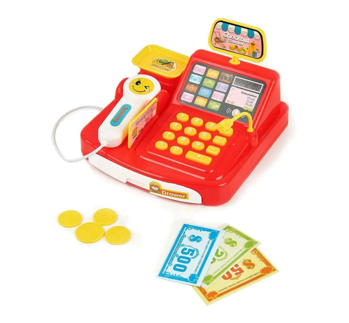 Игрушечный кассовый аппарат 777-21, на батарейках, сканер, деньги, свет, звук