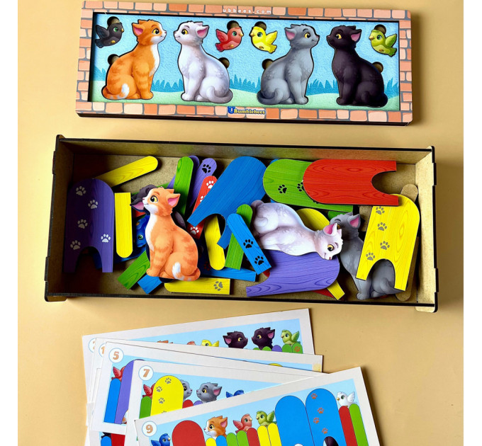 Деревянная игра с карточками "Котики за забором" Ubumblebees (ПСФ150) PSF150, 51 деталь и 14 карт