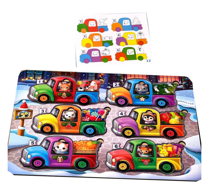 Дерев'яна гра з картками "Тварини на машинках" Ubumblebees (ПСФ132) PSF132, 42 деталі та 12 карт