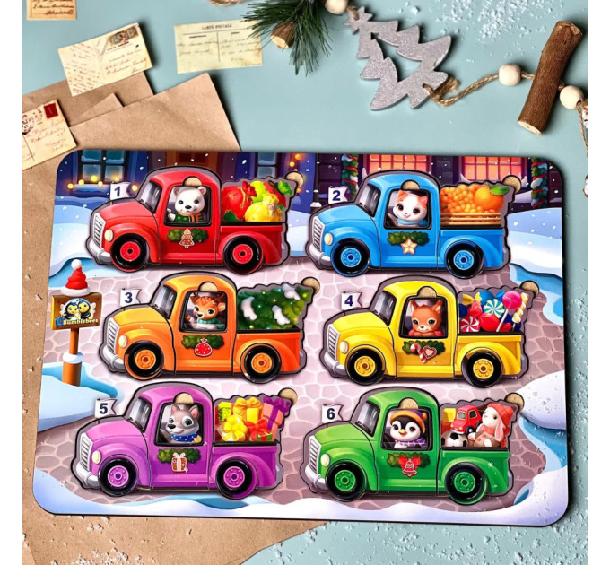 Дерев'яна гра з картками "Тварини на машинках" Ubumblebees (ПСФ132) PSF132, 42 деталі та 12 карт