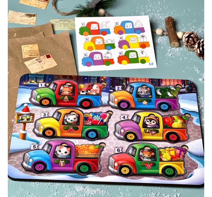 Дерев'яна гра з картками "Тварини на машинках" Ubumblebees (ПСФ132) PSF132, 42 деталі та 12 карт