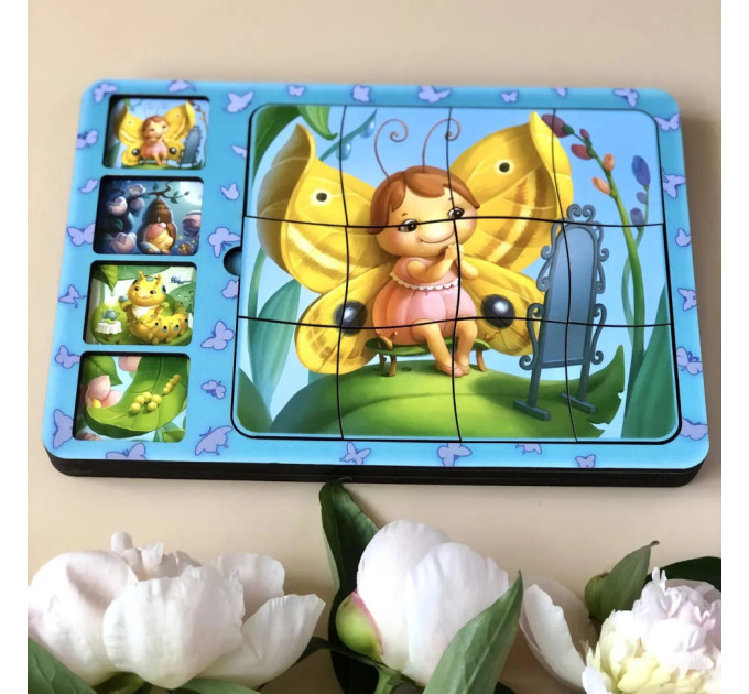 Деревянная настольная игра "Этапы развития бабочки" Ubumblebees (ПСФ017) PSF017 сортер-пазл