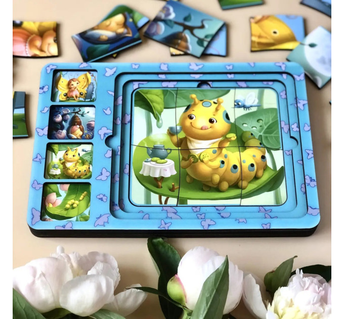 Деревянная настольная игра "Этапы развития бабочки" Ubumblebees (ПСФ017) PSF017 сортер-пазл