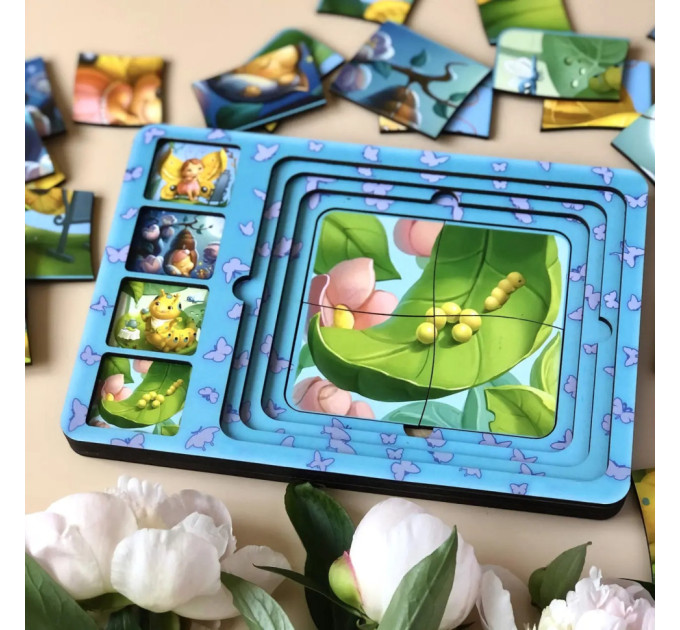 Деревянная настольная игра "Этапы развития бабочки" Ubumblebees (ПСФ017) PSF017 сортер-пазл