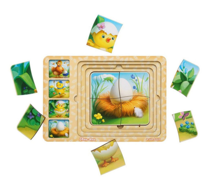 Деревянная настольная игра "Этапы развития курочки" Ubumblebees (ПСФ018) PSF018 сортер-пазл