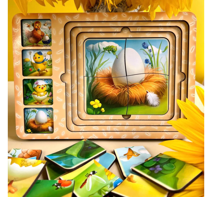 Деревянная настольная игра "Этапы развития курочки" Ubumblebees (ПСФ018) PSF018 сортер-пазл