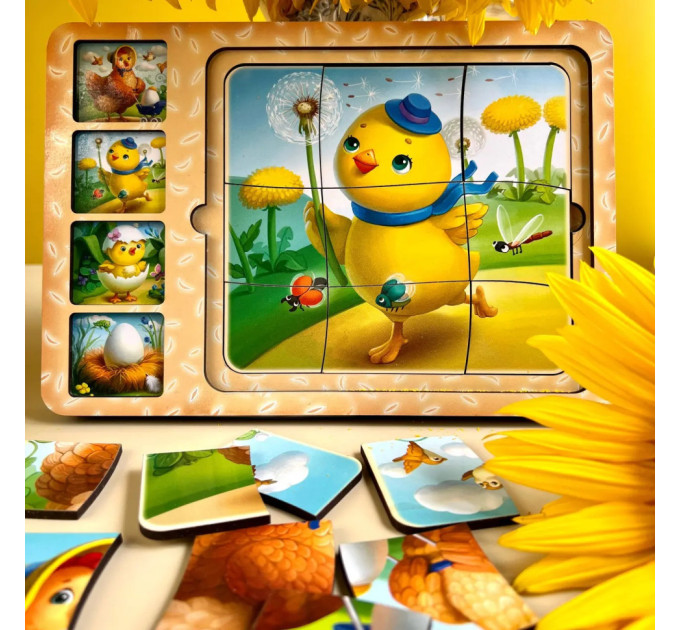 Деревянная настольная игра "Этапы развития курочки" Ubumblebees (ПСФ018) PSF018 сортер-пазл