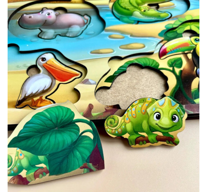 Деревянная настольная игра "А где звери?" Ubumblebees (ПСД175) PSD175 сортер-вкладыш