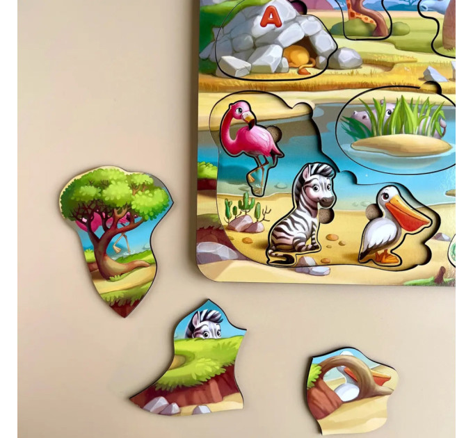 Деревянная настольная игра "А где звери?" Ubumblebees (ПСД175) PSD175 сортер-вкладыш