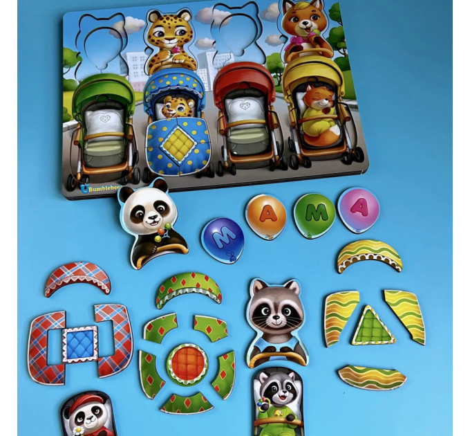 Деревянная настольная игра "Звери в колясках" Ubumblebees (ПСД176) PSD176 сортер-вкладыш