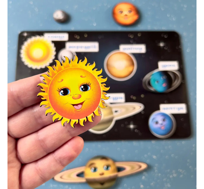 Деревянная развивающая доска "Космос" Ubumblebees (ПСД021) PSD021 планеты на липучках