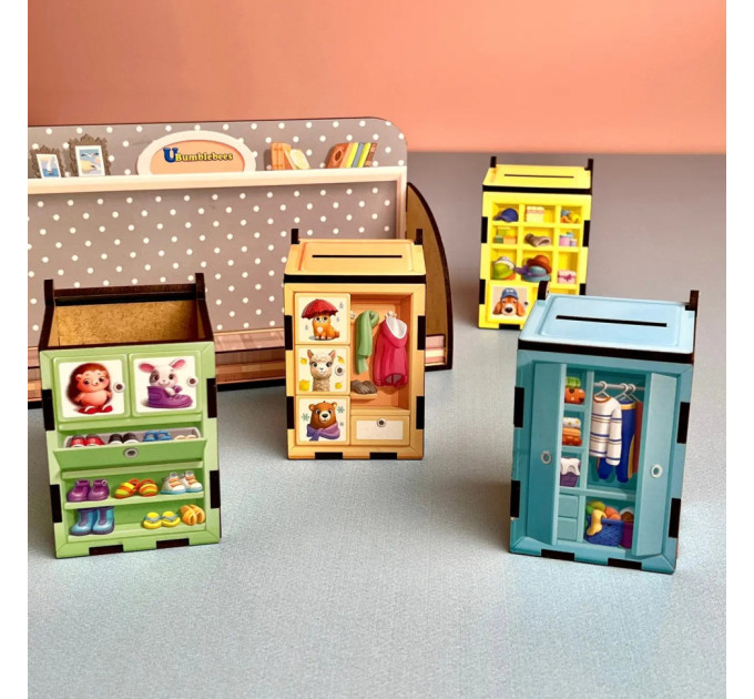 Деревянная настольная игра "Шкафы с одеждой" Ubumblebees (ПСД061) PSD061 сортер-комодик
