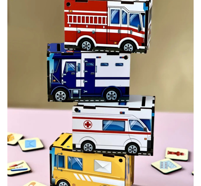 Деревянная настольная игра "Служебный транспорт" Ubumblebees (ПСФ027) PSF027 сортер-комодик