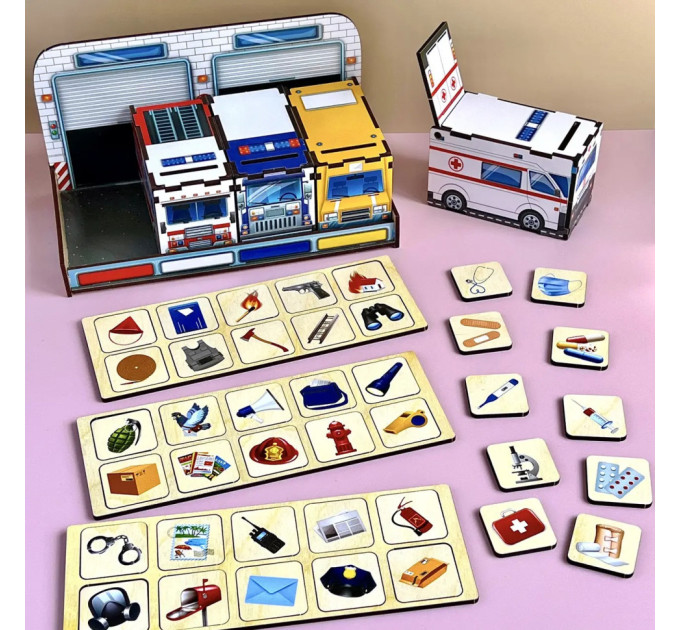 Деревянная настольная игра "Служебный транспорт" Ubumblebees (ПСФ027) PSF027 сортер-комодик