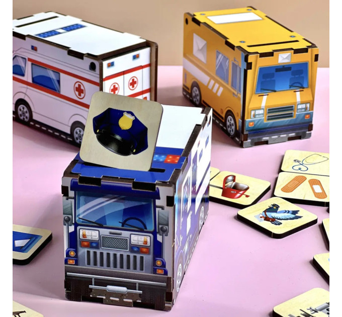 Деревянная настольная игра "Служебный транспорт" Ubumblebees (ПСФ027) PSF027 сортер-комодик