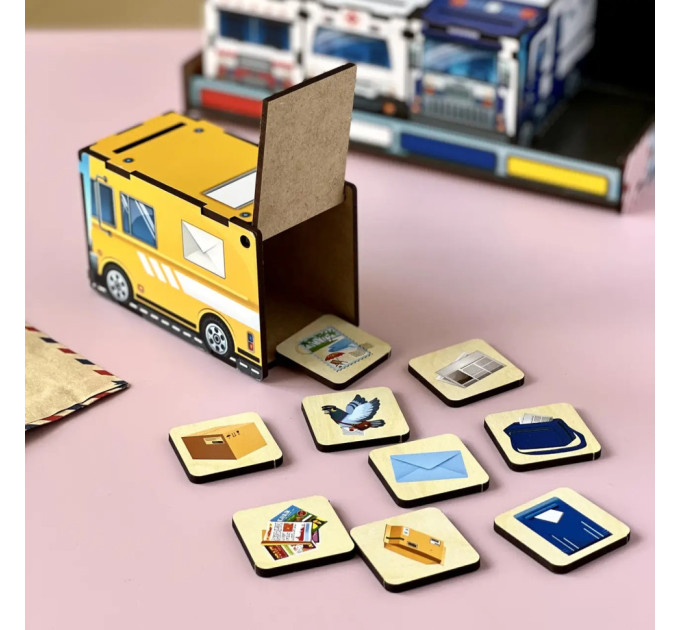 Деревянная настольная игра "Служебный транспорт" Ubumblebees (ПСФ027) PSF027 сортер-комодик