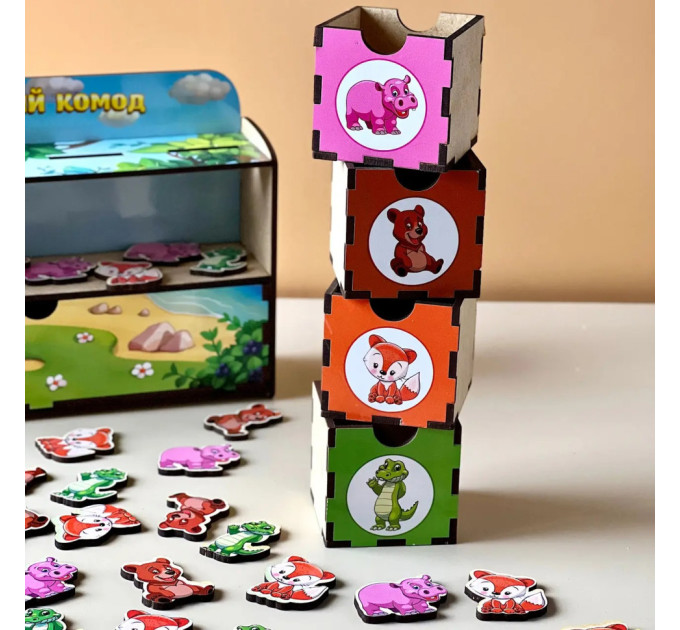 Дерев'яна настільна гра "Тварини" Ubumblebees (ПСД011) PSD011 сортер-комодик