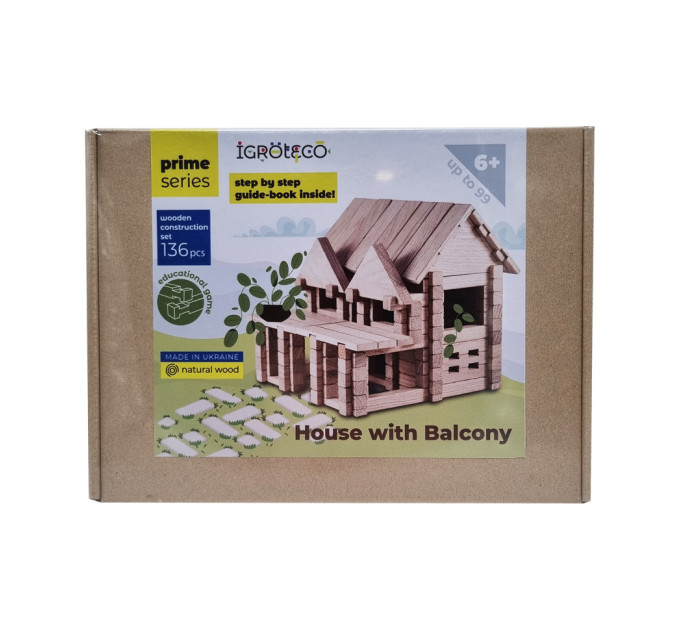 Дерев'яний конструктор "Будиночок з балконом" Igroteco 900248, 136 деталей
