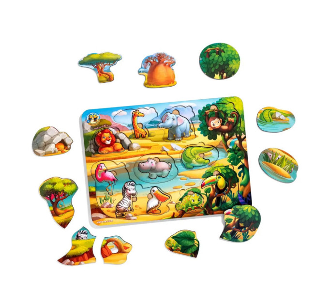 Деревянная настольная игра "А где звери?" Ubumblebees (ПСД175) PSD175 сортер-вкладыш