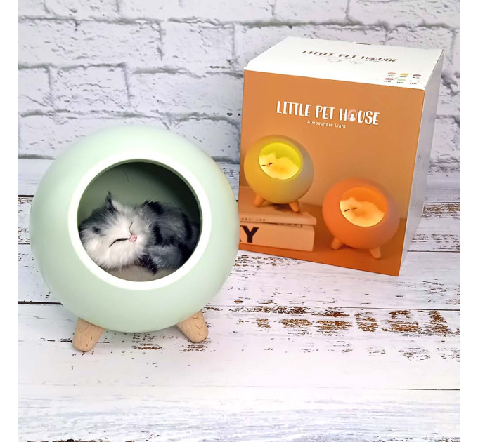 LED Нічник Сплячий кіт у будиночку (зелений)