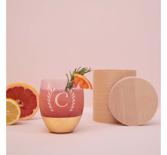 Бокал "Инициал" розовый с золотом персонализированный, Тубус из шпона