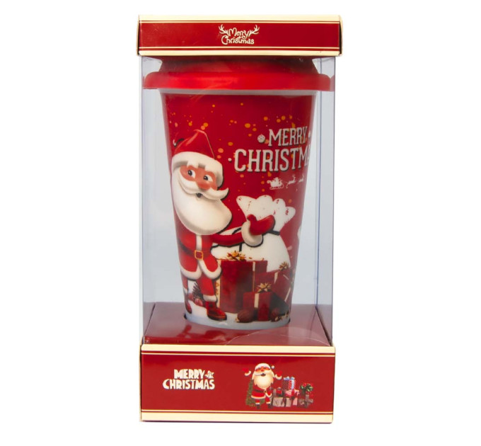 Чашка склянка Новорічна з силіконовою кришкою 72513 Санта з подарунками (червона)