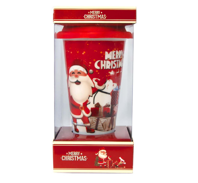 Чашка стакан Новогодняя с силиконовой крышкой 72514 Санта с подарками (красная)