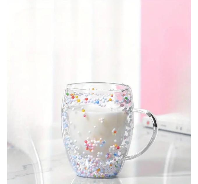 Стакан с двойными стенками и ручкой "Блестки", 300 мл * Рандомный выбор дизайна (9095-007)