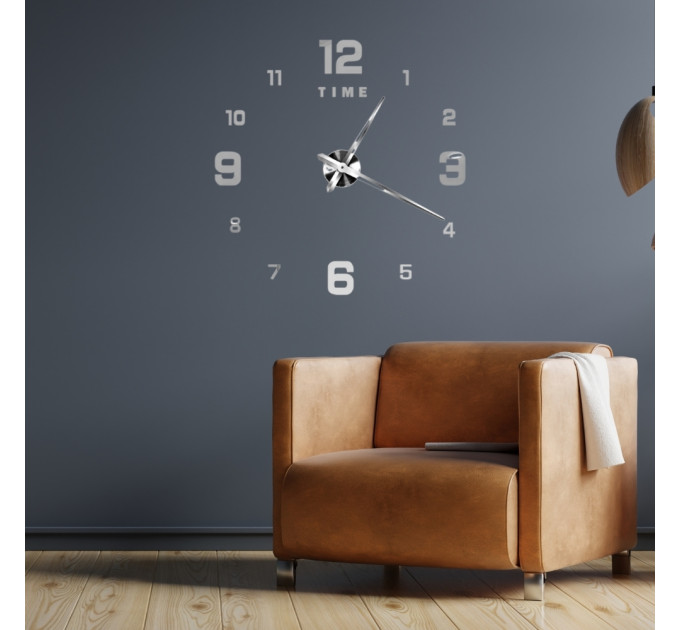 3D часы настенные, серебряные (40-120 см) (9020-004)