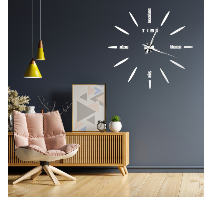 3D часы настенные, серебряные (40-120 см) (9020-006)