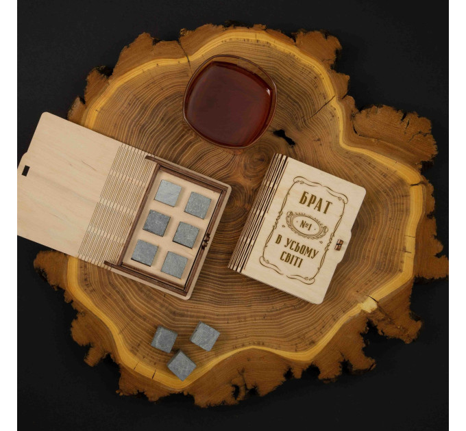 Камни для виски"Брат №1 в усьому світі" 6 штук в деревянной подарочной коробке