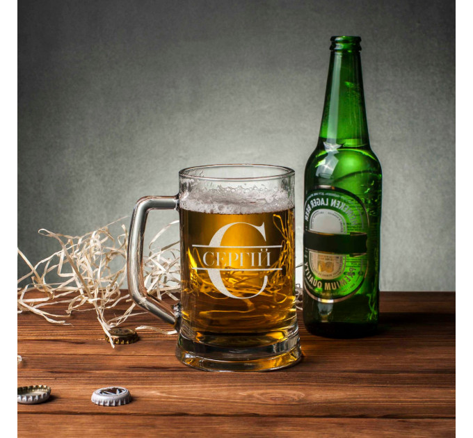 Кружка для пива "Инициал" с ручкой персонализированная, Крафтовая коробка