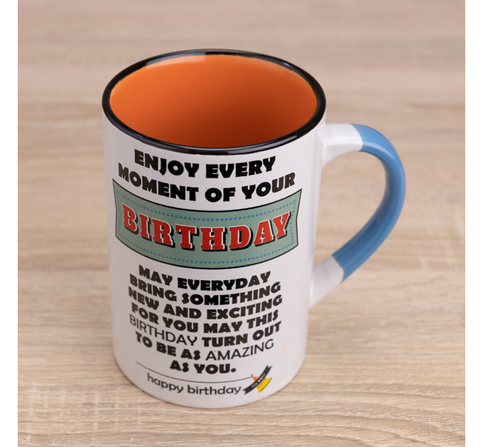 Кружка с пожеланием Birthday (белая с оранжевым)