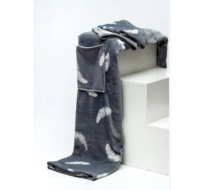 Плед с рукавами из микрофибры, 200х160 см (Перышки на сером)