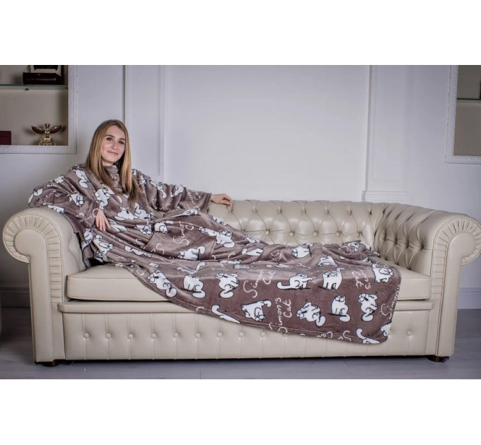 Плед с рукавами из микрофибры, 200х160 см (Серые котики)