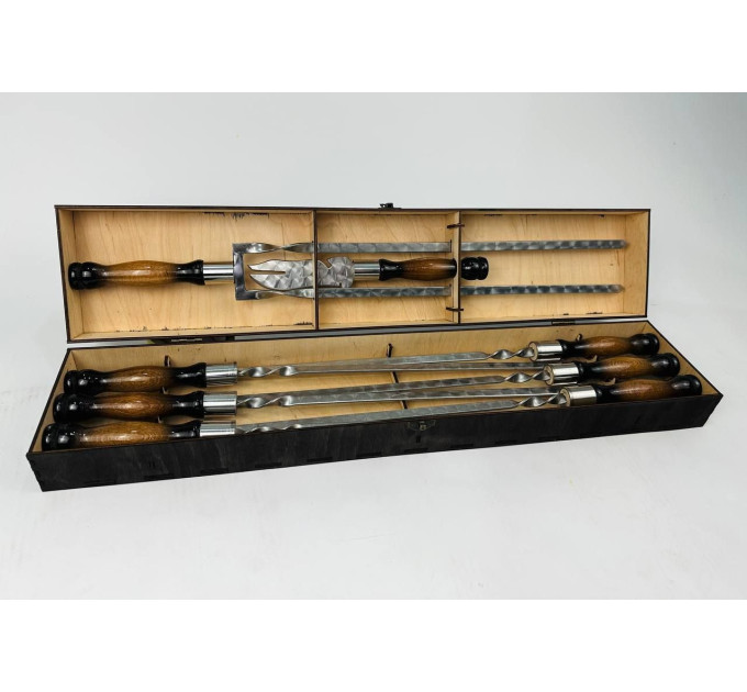 Подарочный набор "Вуд" с двойным шампуром и вилкой в кейсе из фанеры